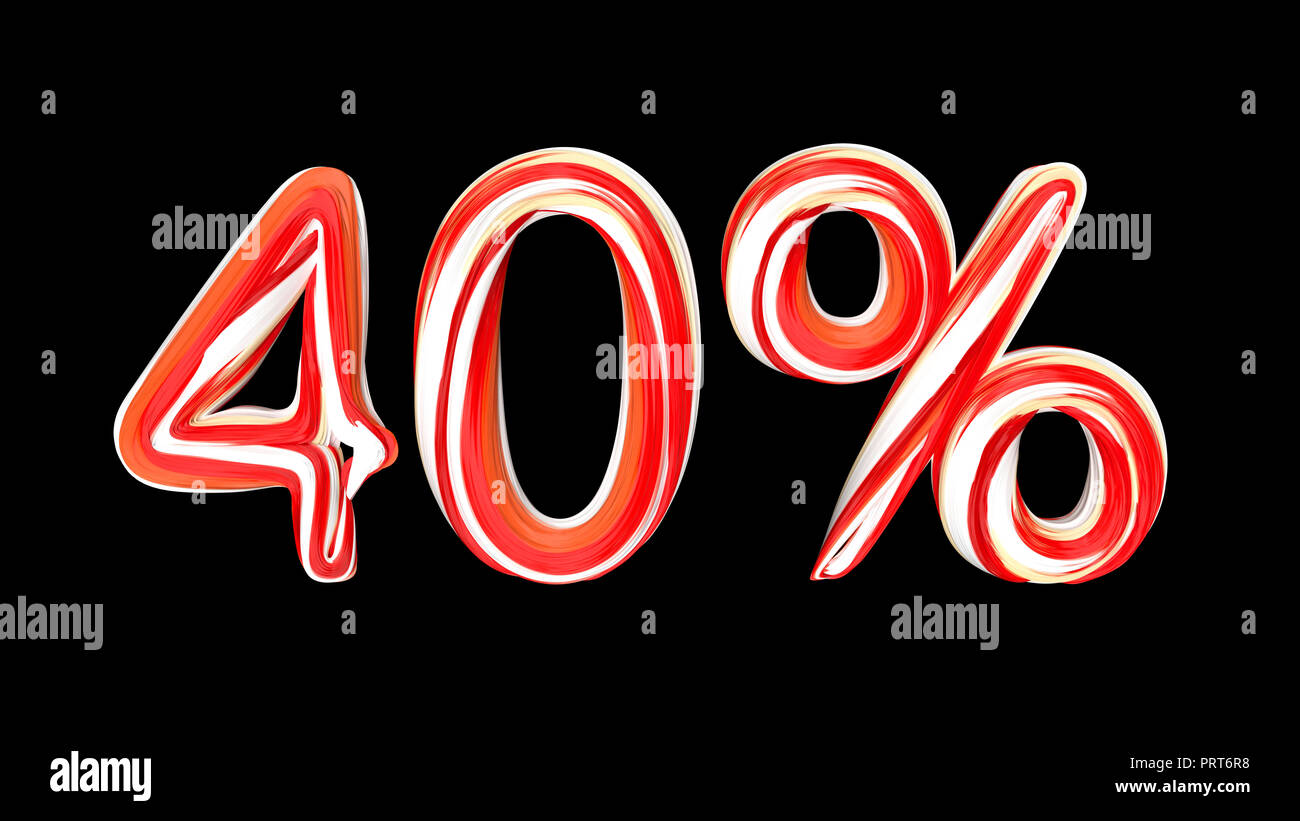 Candy texte 40  % sur fond noir. Pinceau rouge-blanc texte de 40  % . Illustration 3D render Banque D'Images