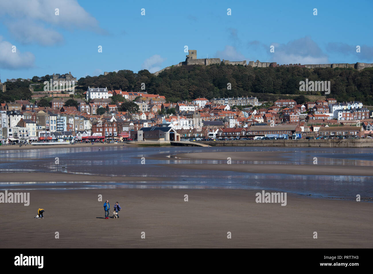 Une vue de la vieille ville de Scarborough sous le château avec la station de sauvetage et marché aux poissons quai de l'avant-plan Banque D'Images