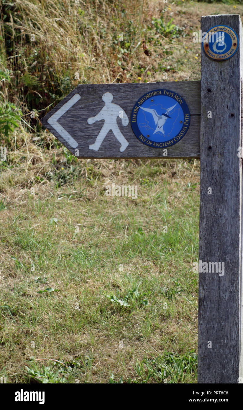 Panneau en bois pour l'île d'Anglesey Sentier Littoral près du village de pêcheurs de Cemaes, Pays de Galles, Royaume-Uni. Banque D'Images