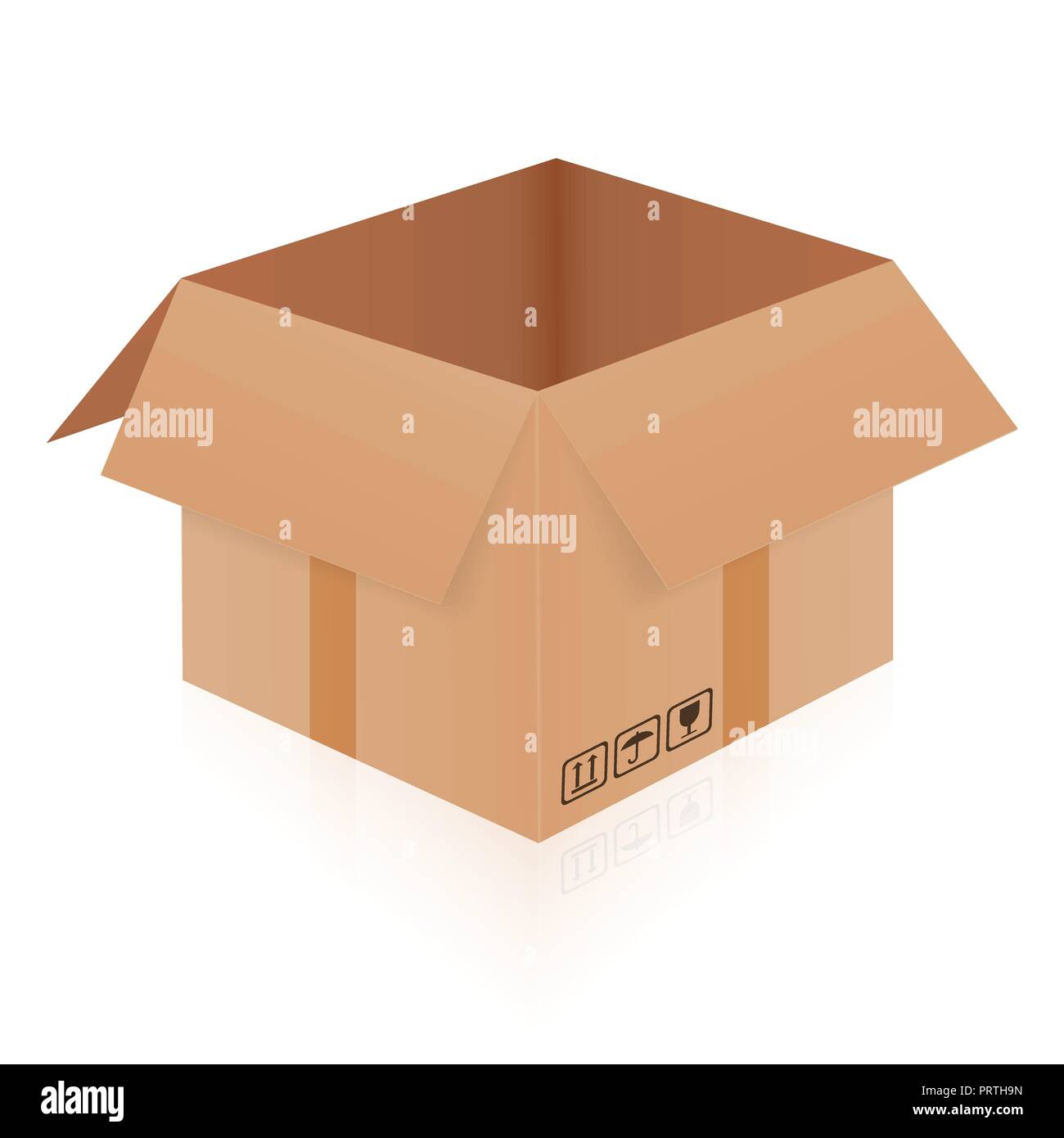 Illustration réaliste d'une boîte en carton vide ouvrir avec circulation de symboles et de ruban adhésif, isolé sur fond blanc - vecteur de réflexions Illustration de Vecteur