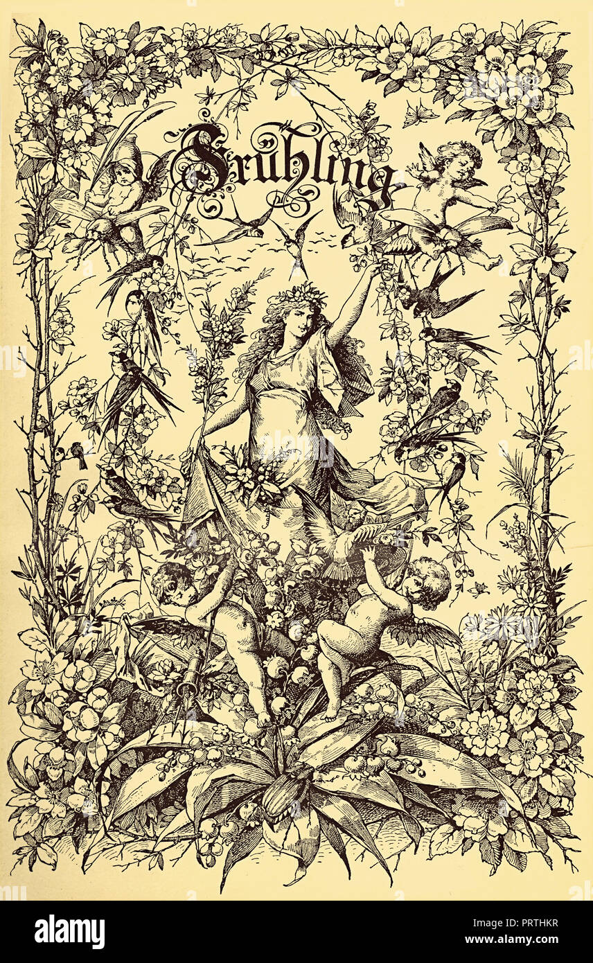 Belle décoration vintage frontispice chapitre dédié à la saison de printemps avec Fruehling écrit en vieil allemand, putti,déesse fleurs,fleurs et oiseaux Banque D'Images