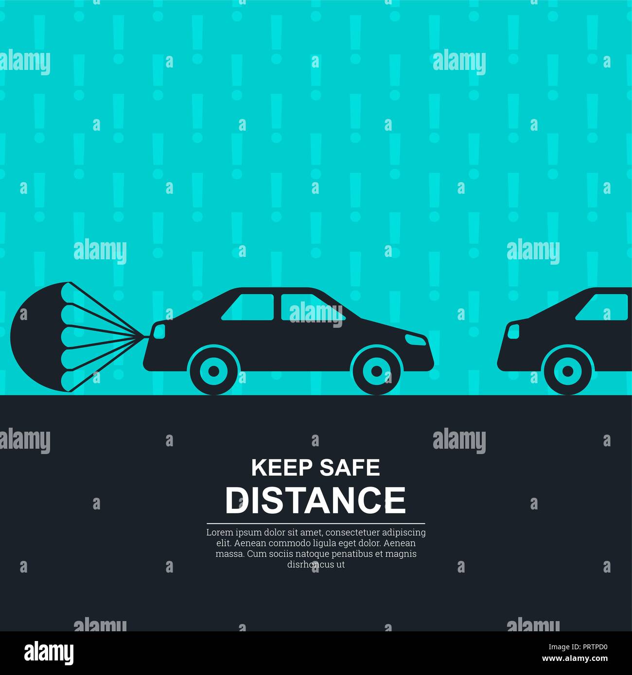 Le parachute attaché à la voiture contre des points d'exclamation, symbole sur une augmentation de la distance entre les véhicules et la vigilance. Le concept Illustration de Vecteur