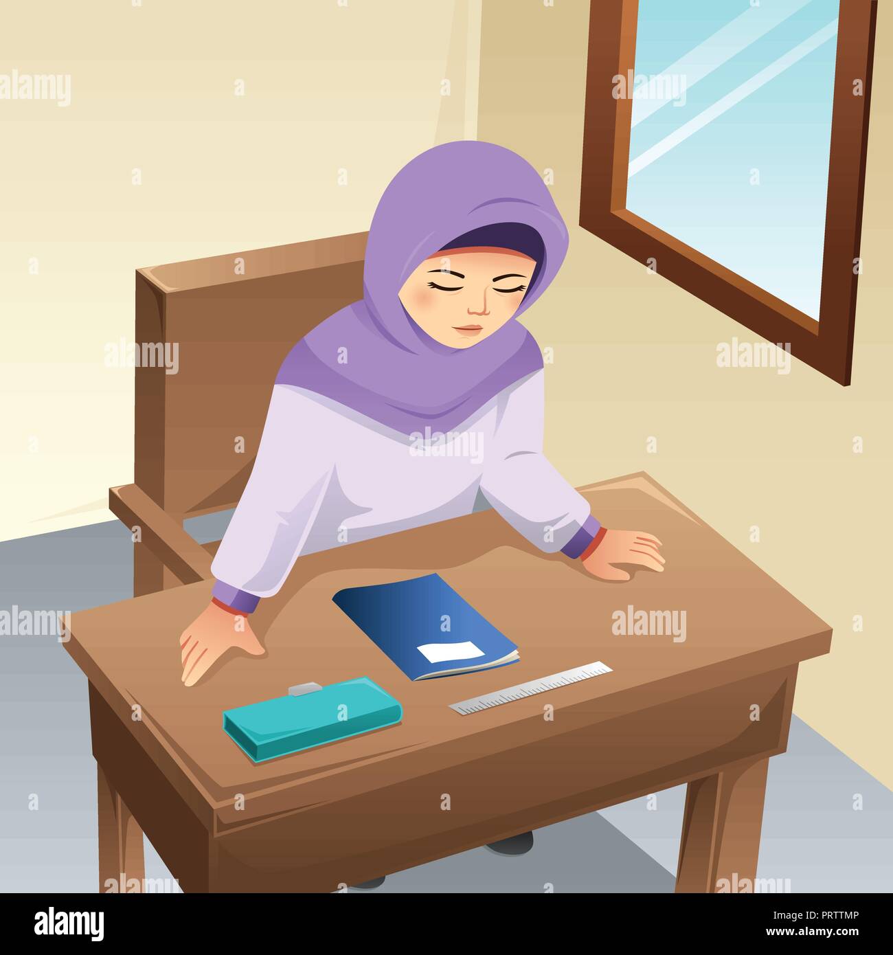 Un vecteur illustration de jeune fille musulmane à faire des devoirs à la maison Illustration de Vecteur