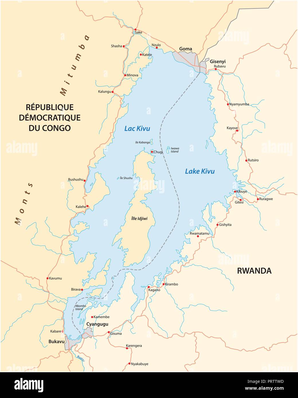 Carte vectorielle du Lac Kivu est-africaine, DR. Congo, Rwanda. Illustration de Vecteur