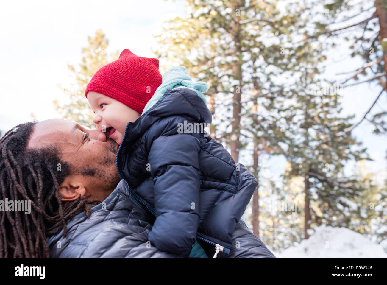 Père face à face avec son bébé en hiver forest, South Lake Tahoe, California, USA Banque D'Images