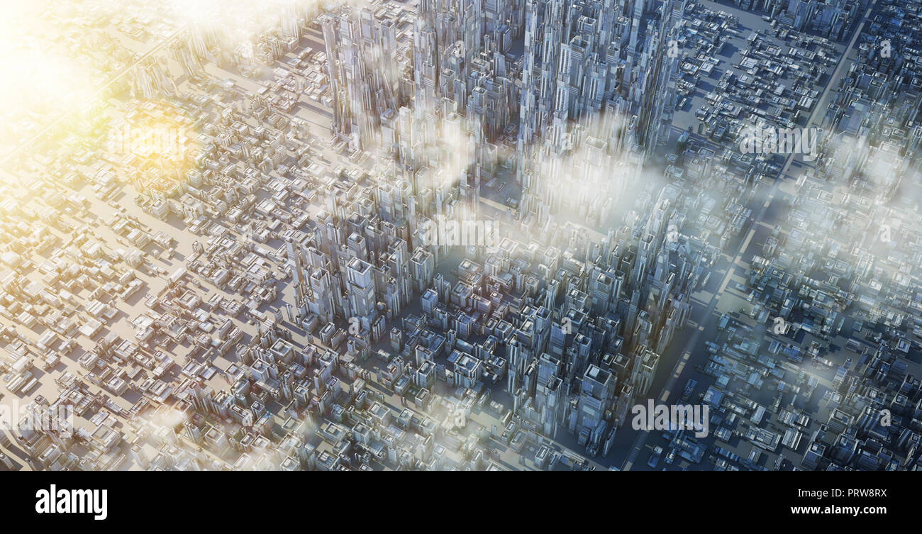 Vue aérienne de la ville de science-fiction futuriste et immeuble de bureaux commerciaux . Illustration 3d rendu . Banque D'Images