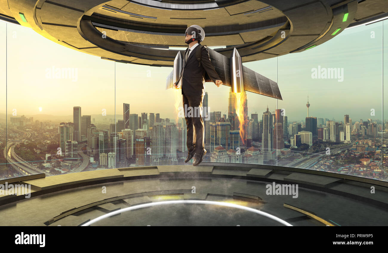 Design intérieur futuriste de l'espace vide avec une fusée usure homme costume pour lever ,.La réussite de l'entreprise concept . Technique mixte . Banque D'Images