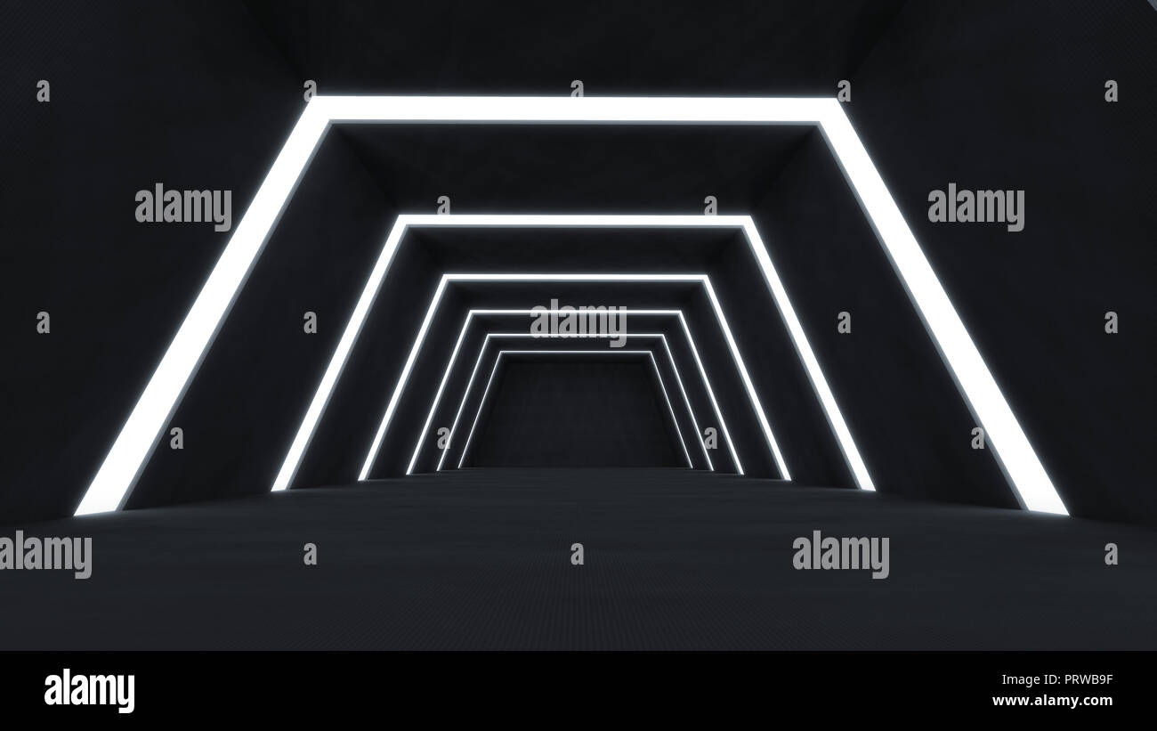 Résumé de rendu 3D et futuriste de l'espace vide d'une chambre noire avec rayures brillantes de lumière . Banque D'Images