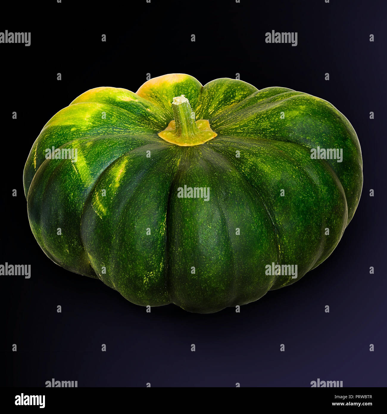 Toute une citrouille dans la perspective de trois quarts, avec une tige, coloration inégale, vrai citrouille Banque D'Images
