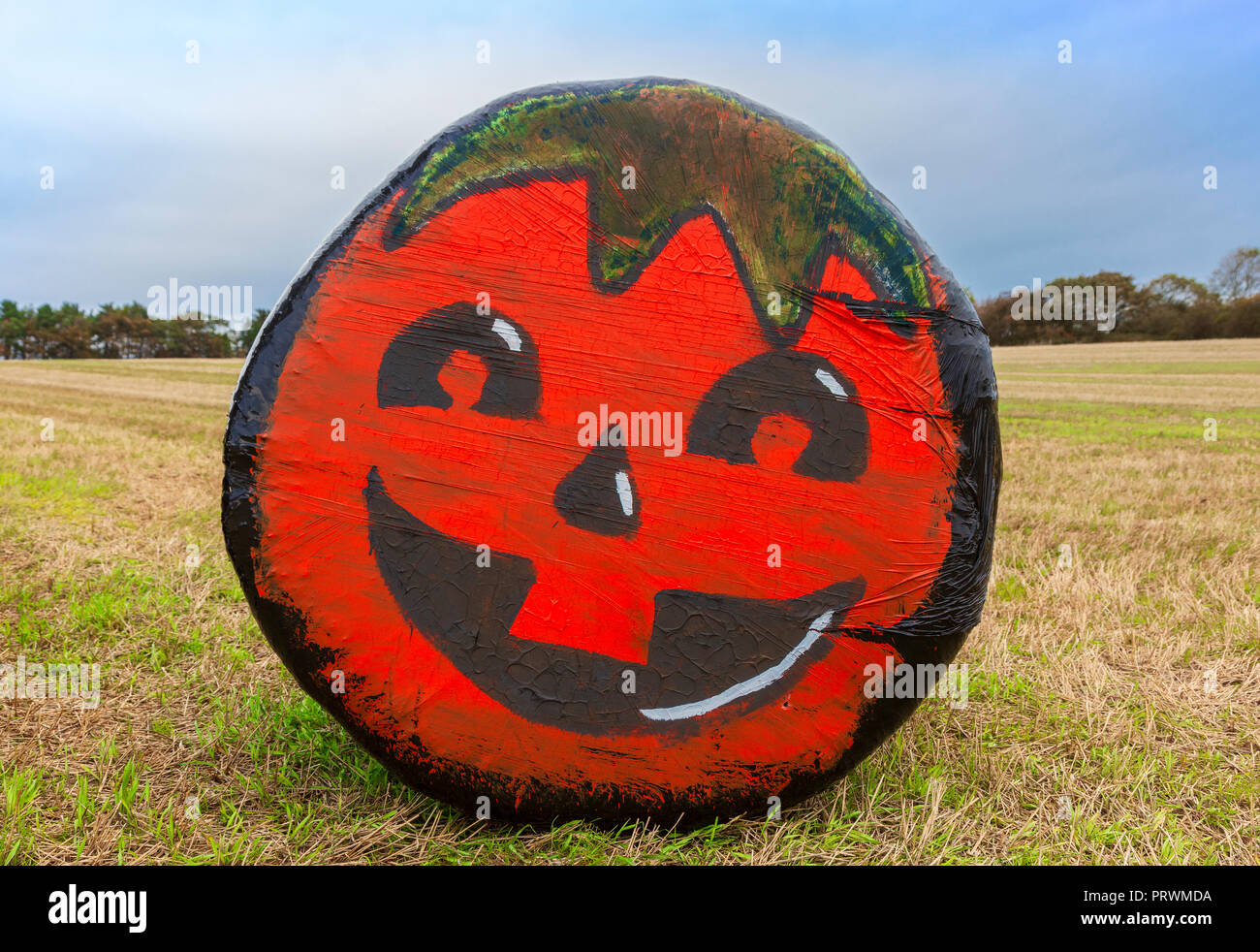 L'Ayrshire, UK. 4ème Oct 2018. Croisée des Chemins Les jeunes agriculteurs ont utilisé la récente récolte Ensilage balles empilées dans un champ près de Symington, adjacent à l'Ayr à Glasgow A77 chaussée, peint pour divertir les navetteurs et leur rappeler que bientôt ce sera l'Halloween. Credit : Findlay/Alamy Live News Banque D'Images