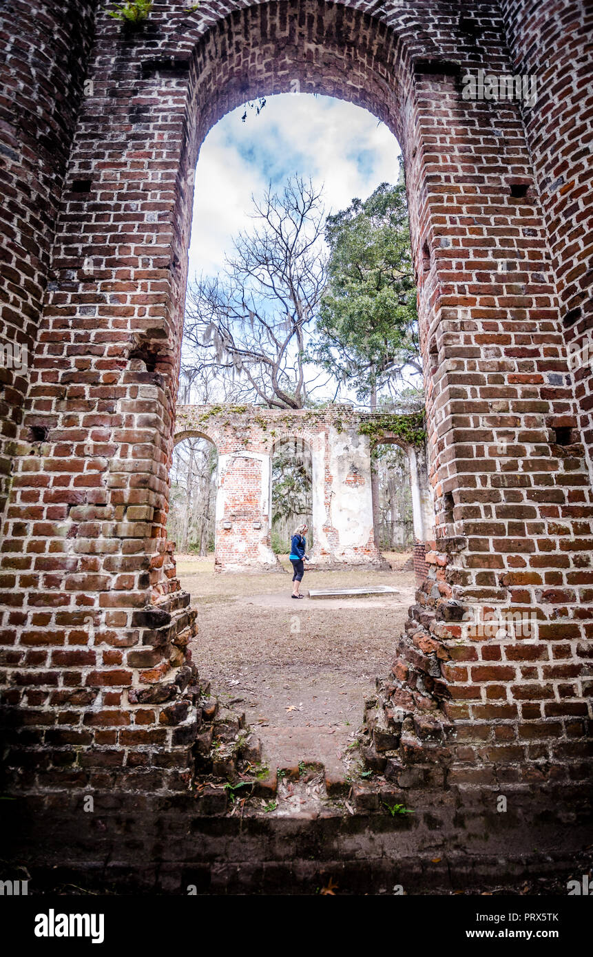 Ruines de l'Église vieux Sheldon Yemassee en Caroline du Sud, l'église est de la guerre révolutionnaire et brûlées. Banque D'Images