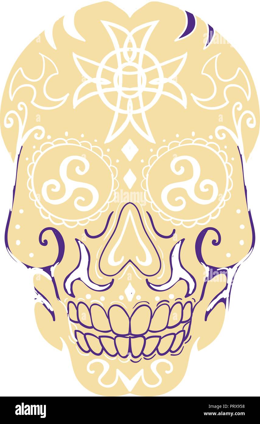 Illustration d'un style de tatouage crâne mexicain avec triskele et croix celtique vu de l'avant sur backgrounbd isolés. Illustration de Vecteur