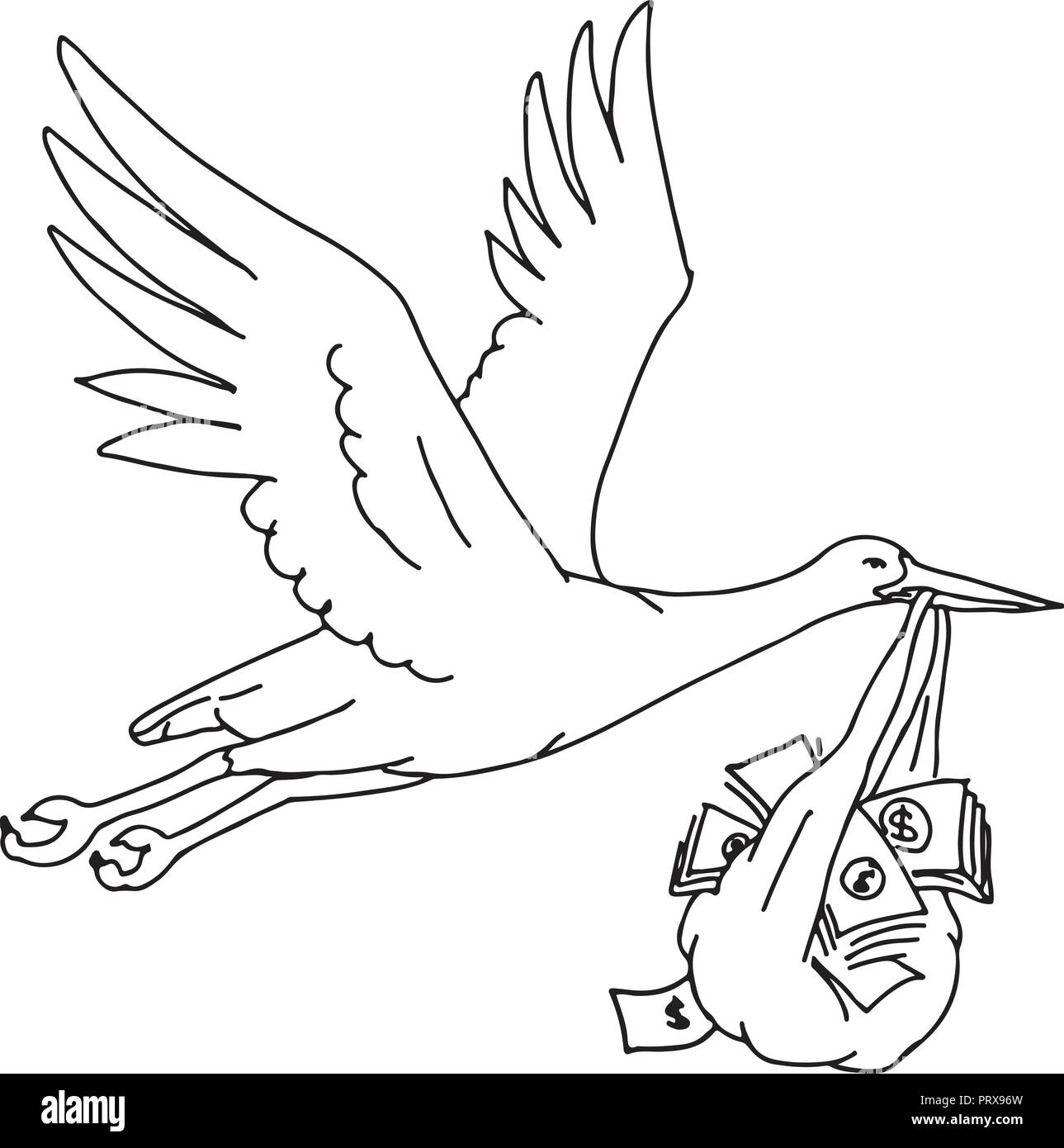 Style croquis dessin illustration d'une cigogne, grue, héron ou ibis, un grand, long-legged, échassier à long cou long, avec bill stout porter ou de Illustration de Vecteur