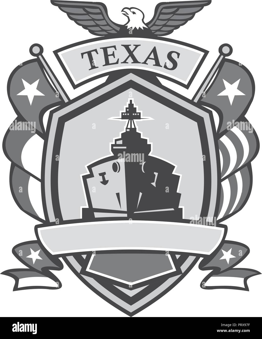 L'icône de mascotte illustration de l'insigne d'un gris ou gris cuirassé Texas avec American Eagle et Lone Star State flag sur le côté vue de l'avant Illustration de Vecteur