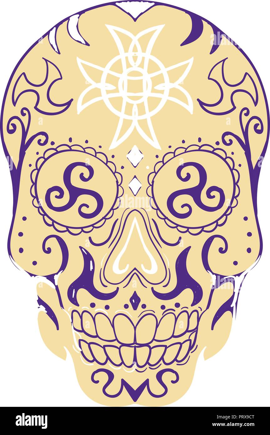 Illustration d'un style de tatouage crâne mexicain avec triskele et croix celtique vu de l'avant sur backgrounbd isolés. Illustration de Vecteur