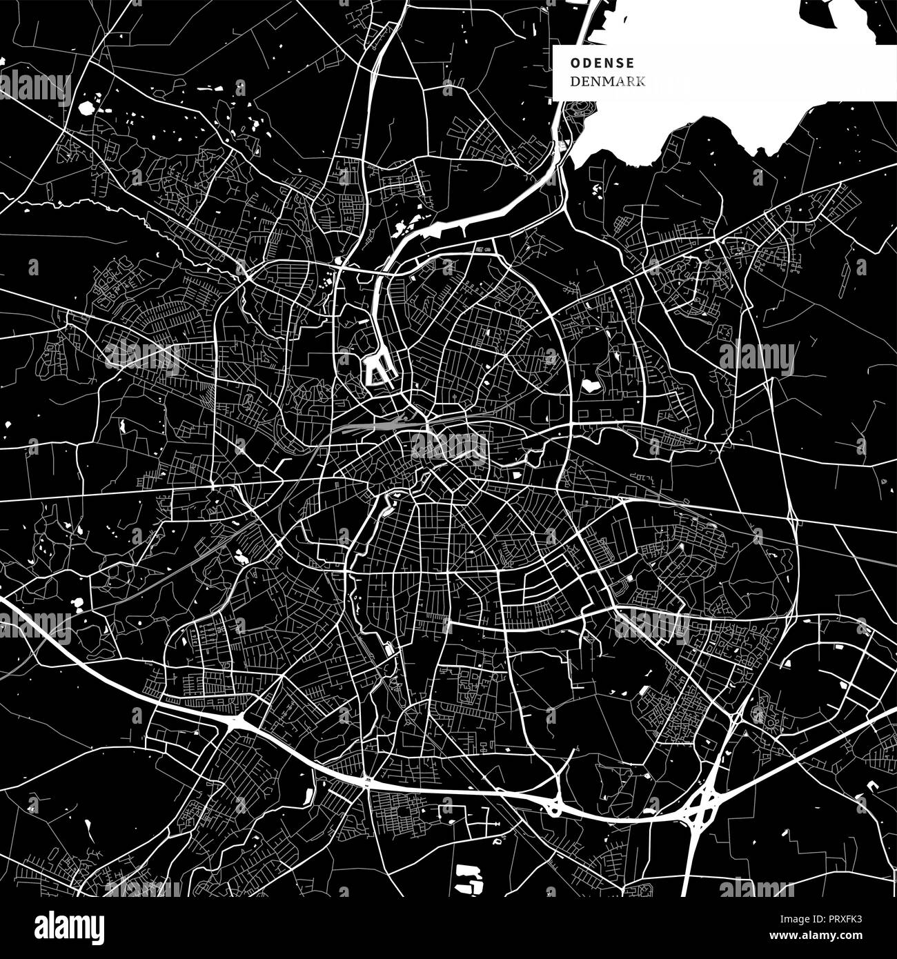 Carte de la région d'Odense, Danemark avec repères urbains typiques comme les bâtiments, les routes, les voies navigables et des chemins de fer ainsi que de plus petites routes et sentiers du parc. Rem Illustration de Vecteur