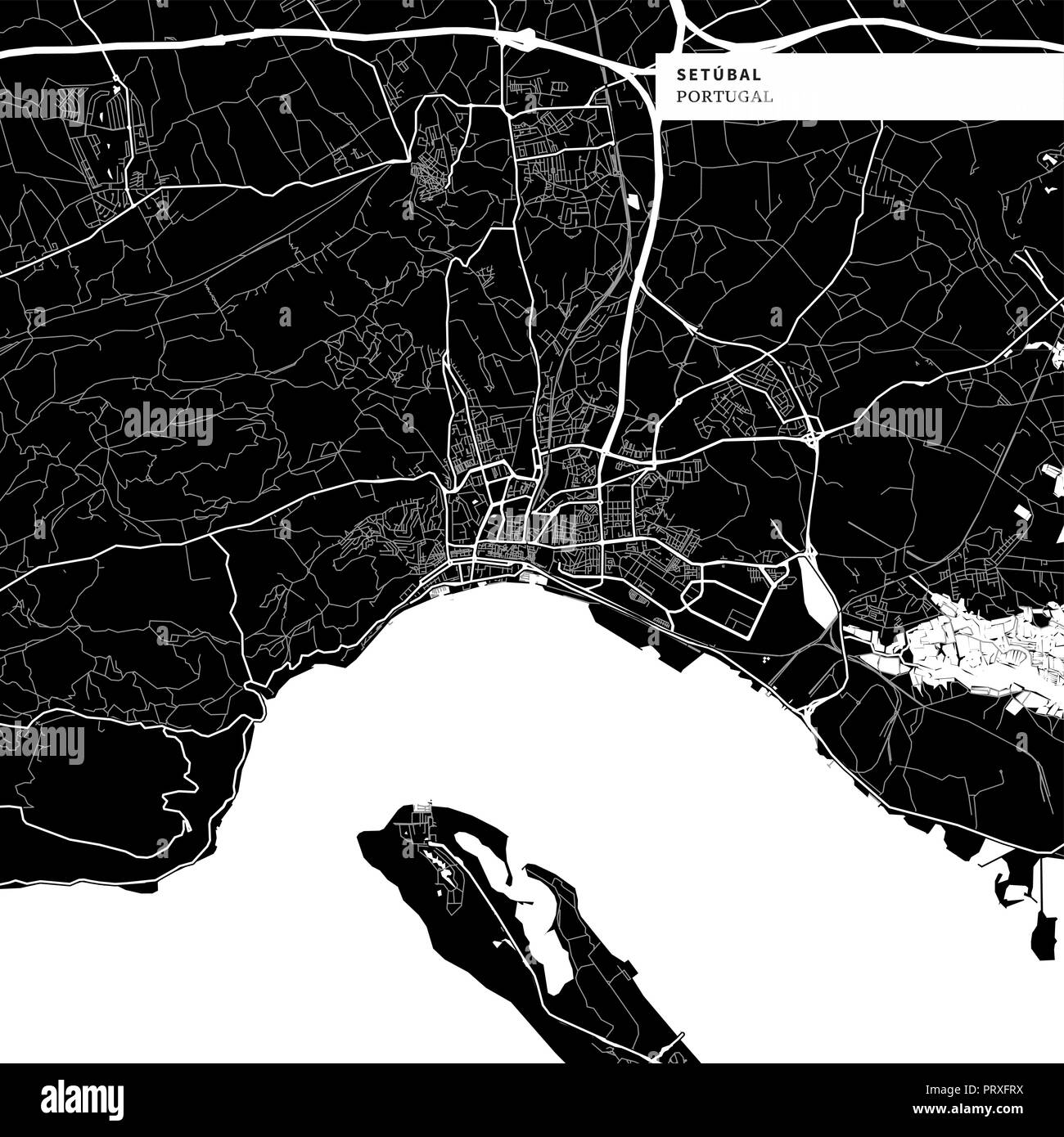 Carte de la région de Setubal, Portugal avec repères urbains typiques comme les bâtiments, les routes, les voies navigables et des chemins de fer ainsi que de plus petites routes et sentiers du parc. R Illustration de Vecteur
