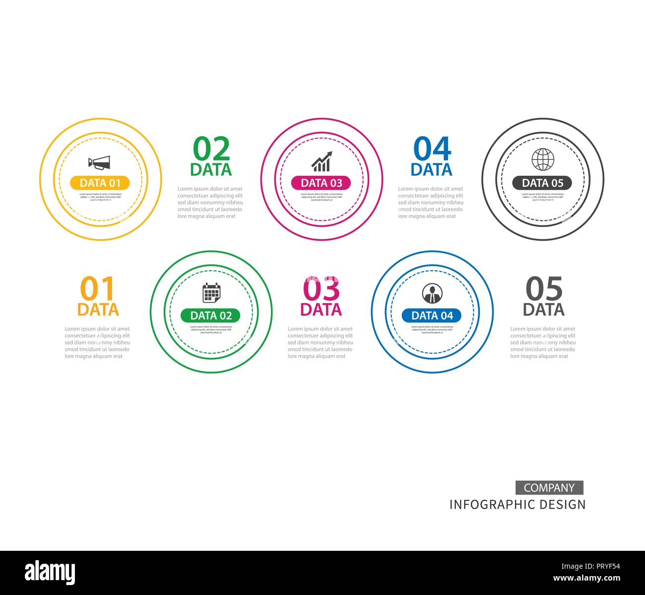 Cercle d'infographies ligne fine avec 5 modèle de données. Résumé fond d'illustration vectorielle. Peut être utilisé pour la mise en page, l'étape d'affaires de workflow, brochure, Illustration de Vecteur