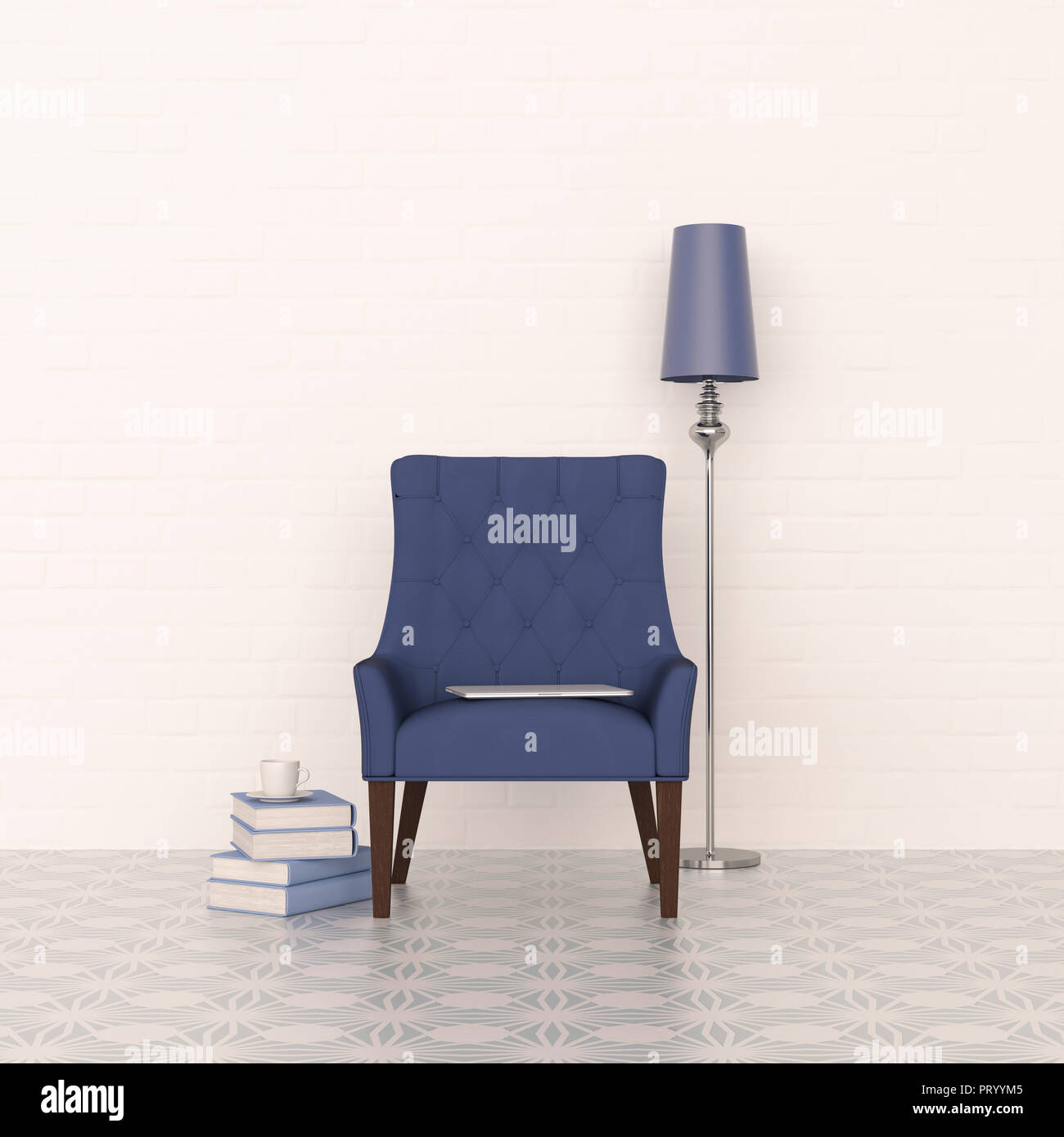 Le rendu 3D, fauteuil bleu et lampe de plancher avec pile de livres Banque D'Images