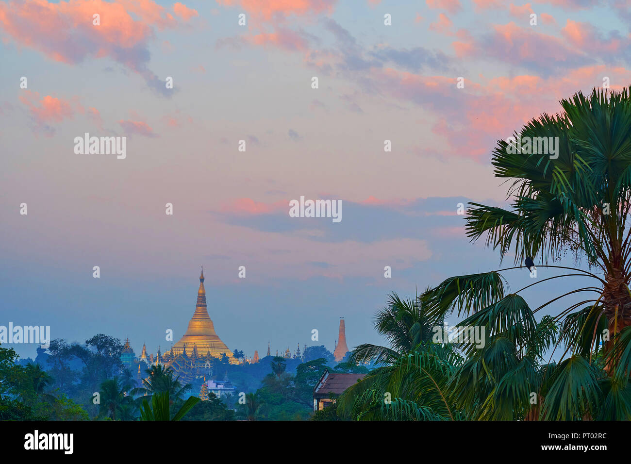 Le lever du soleil Ciel avec nuages colorés lumineux au-dessus de la stupa doré de la pagode Shwedagon Zedi Daw, Bahan township, au Myanmar. Banque D'Images