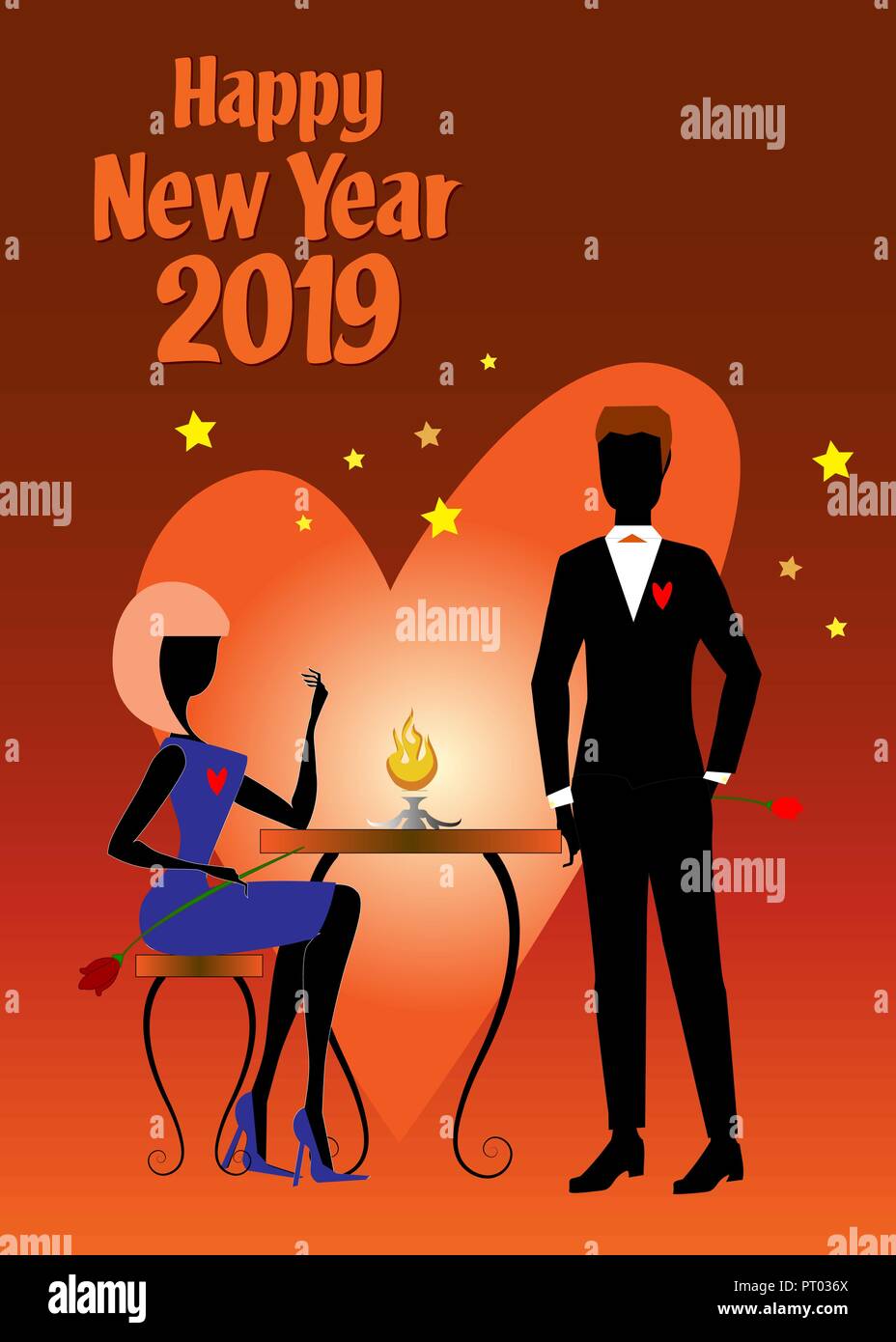 Une femme en robe bleu et blanc chaussures, assis à une table et la tenue d'une tulipe, parle à son petit ami en costume noir pendant l'année 2019 Nouvelle partie Illustration de Vecteur