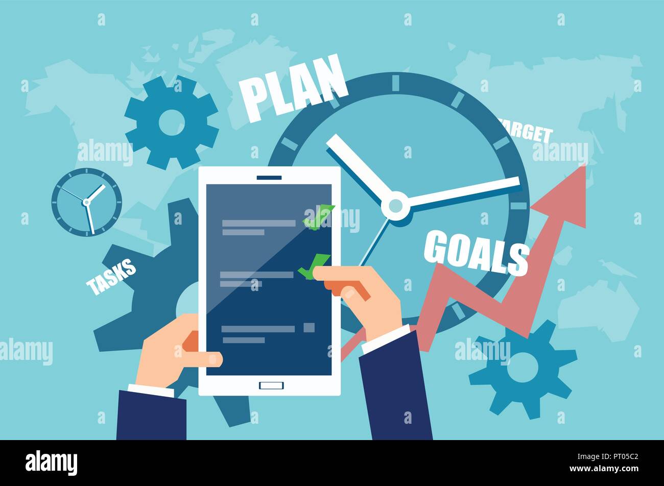 Vector illustration of businessman using tablet et l'organisation de planning professionnel avec des buts et des tâches sur fond bleu Illustration de Vecteur