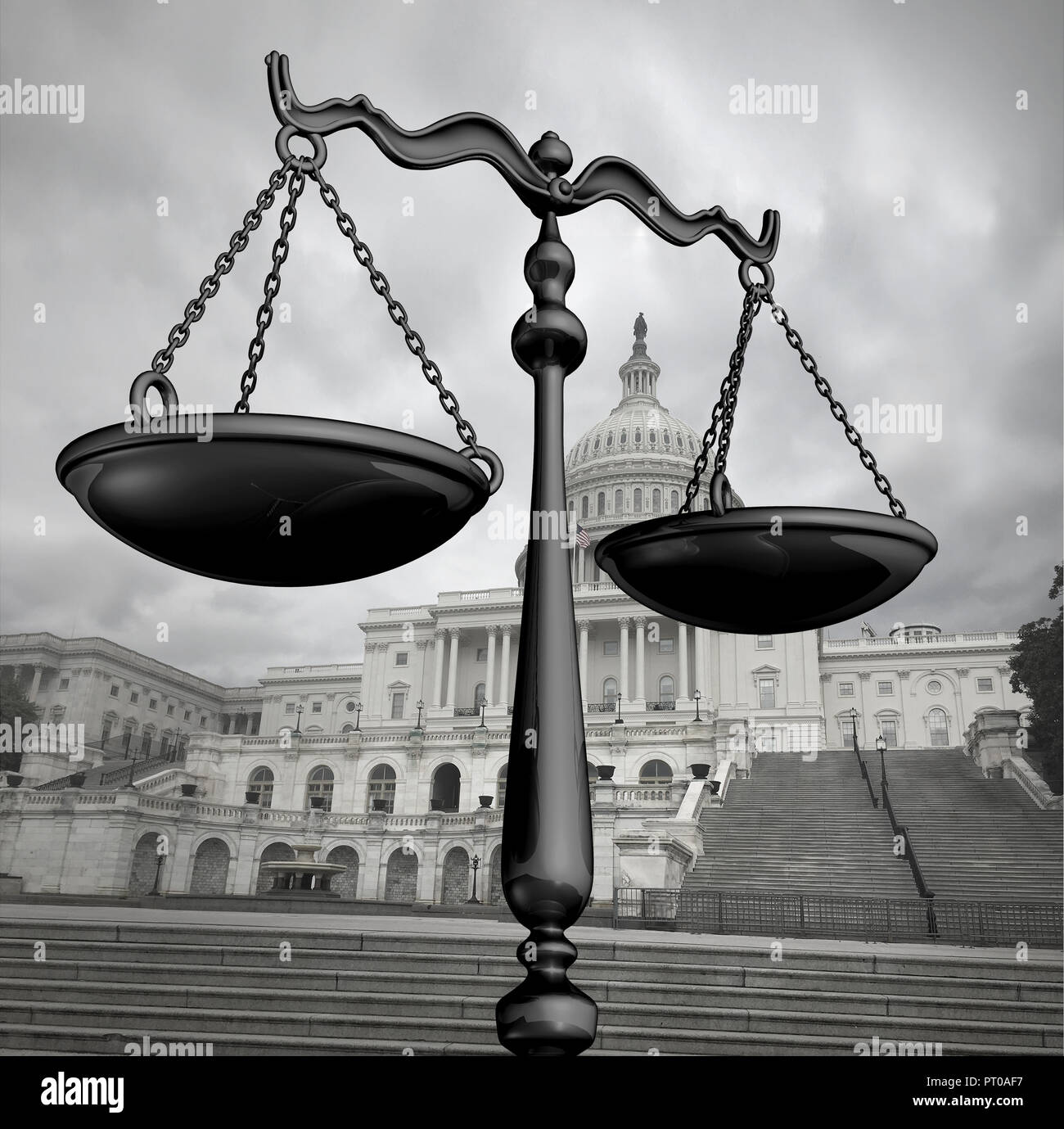 La législation du gouvernement des États-Unis et le droit fédéral comme le symbole de la construction de la capitale avec une échelle de la justice avec 3D illustration éléments. Banque D'Images