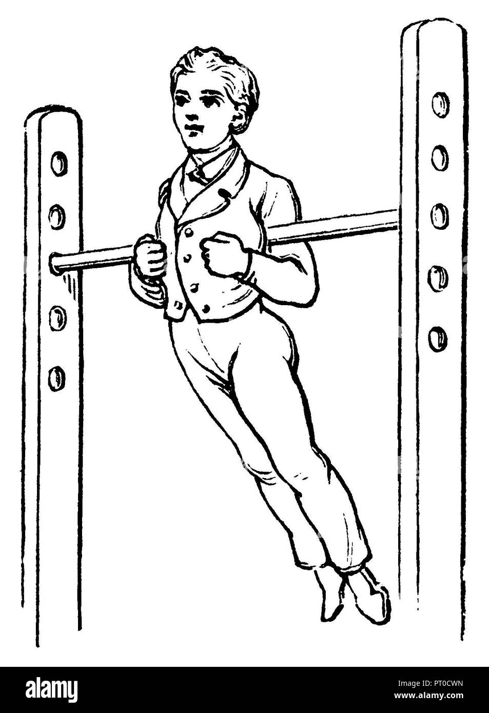La gymnastique, les exercices d'étirement : partie supérieure du bras arrière de suspension, 1890 Banque D'Images