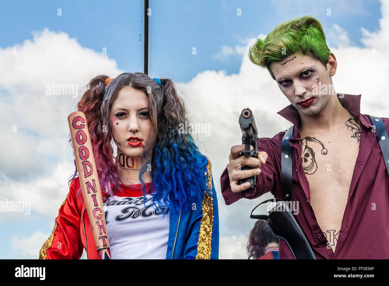 Rome, Italie, le 5 octobre 2018. Rassemblement annuel de la meilleure bande dessinée et de jeux vidéo festival du sommet. Cosplayeurs, le joker avec son suicide squad. Banque D'Images
