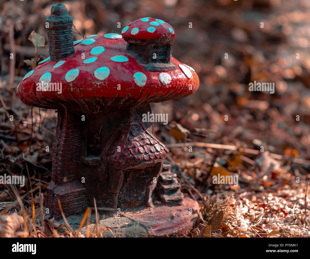 Un peu rouge mushroom house dans une forêt une journée d'automne, avec des taches blanches sur le toit Banque D'Images