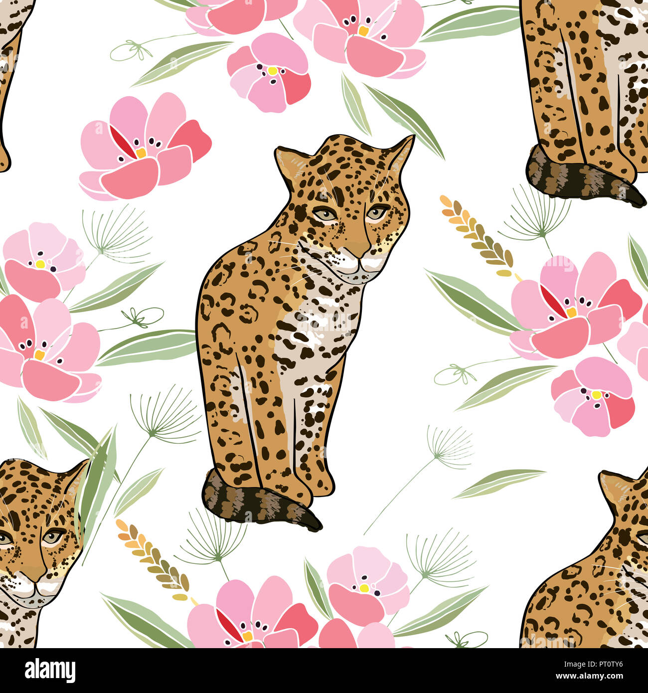 Illustration de style rétro avec des fleurs et des animaux Banque D'Images