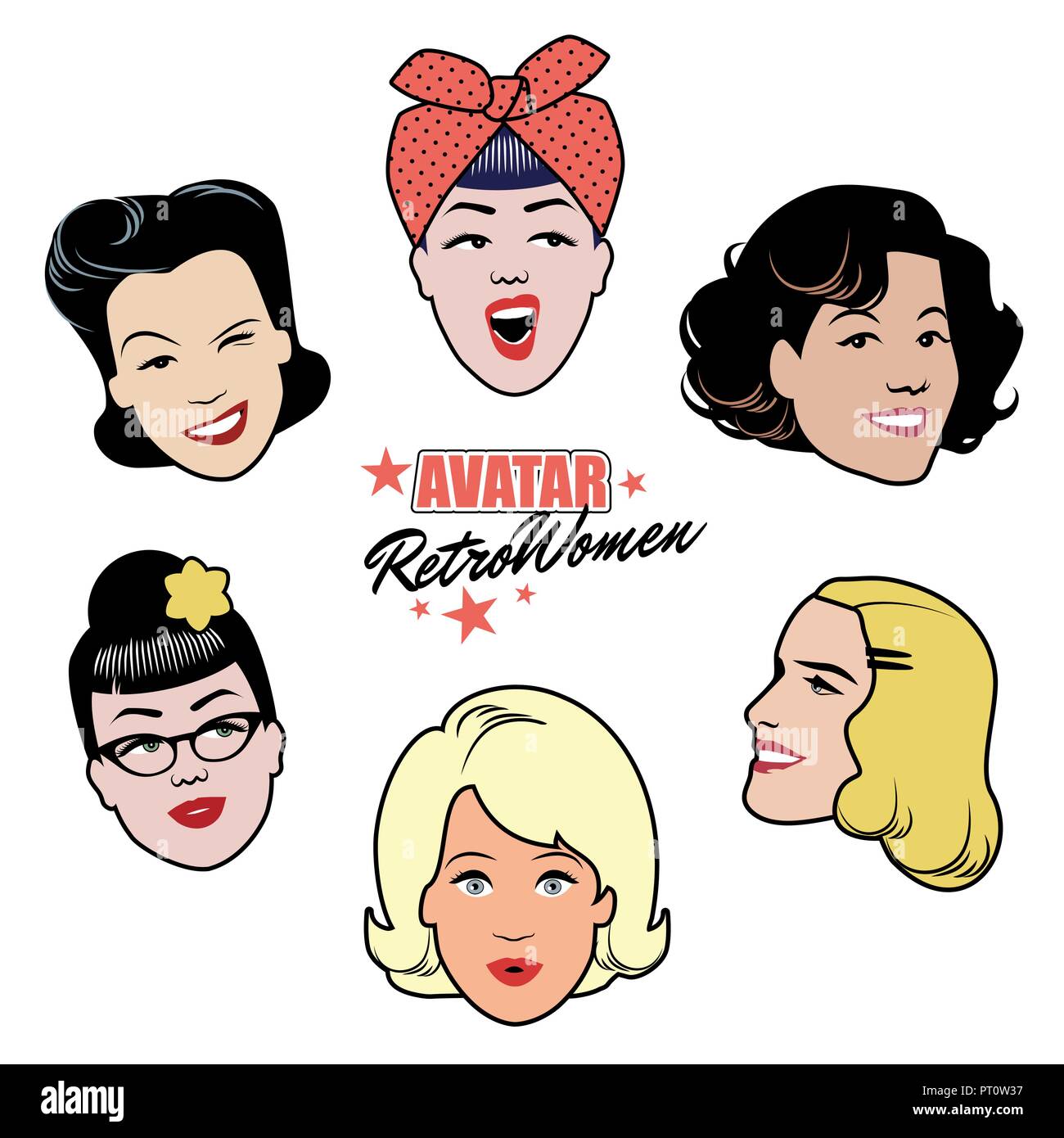 Femmes rétro Avatars. Ensemble de six 40's ou 50's style féministe avatars Illustration de Vecteur