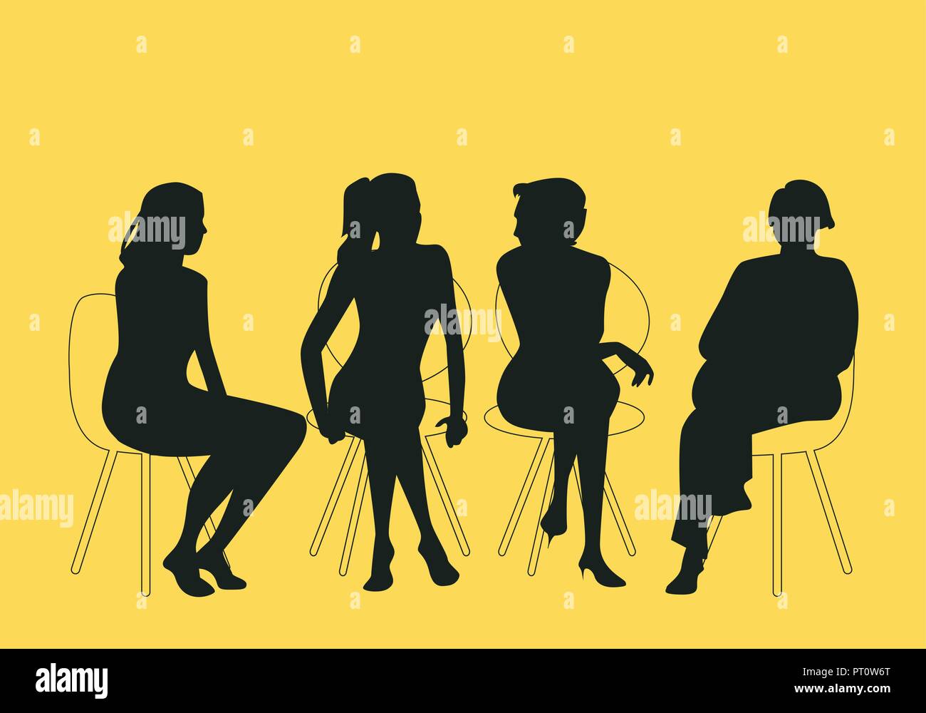 Groupe de quatre femmes assises et parlent ensemble. Silhouettes vector illustration Illustration de Vecteur