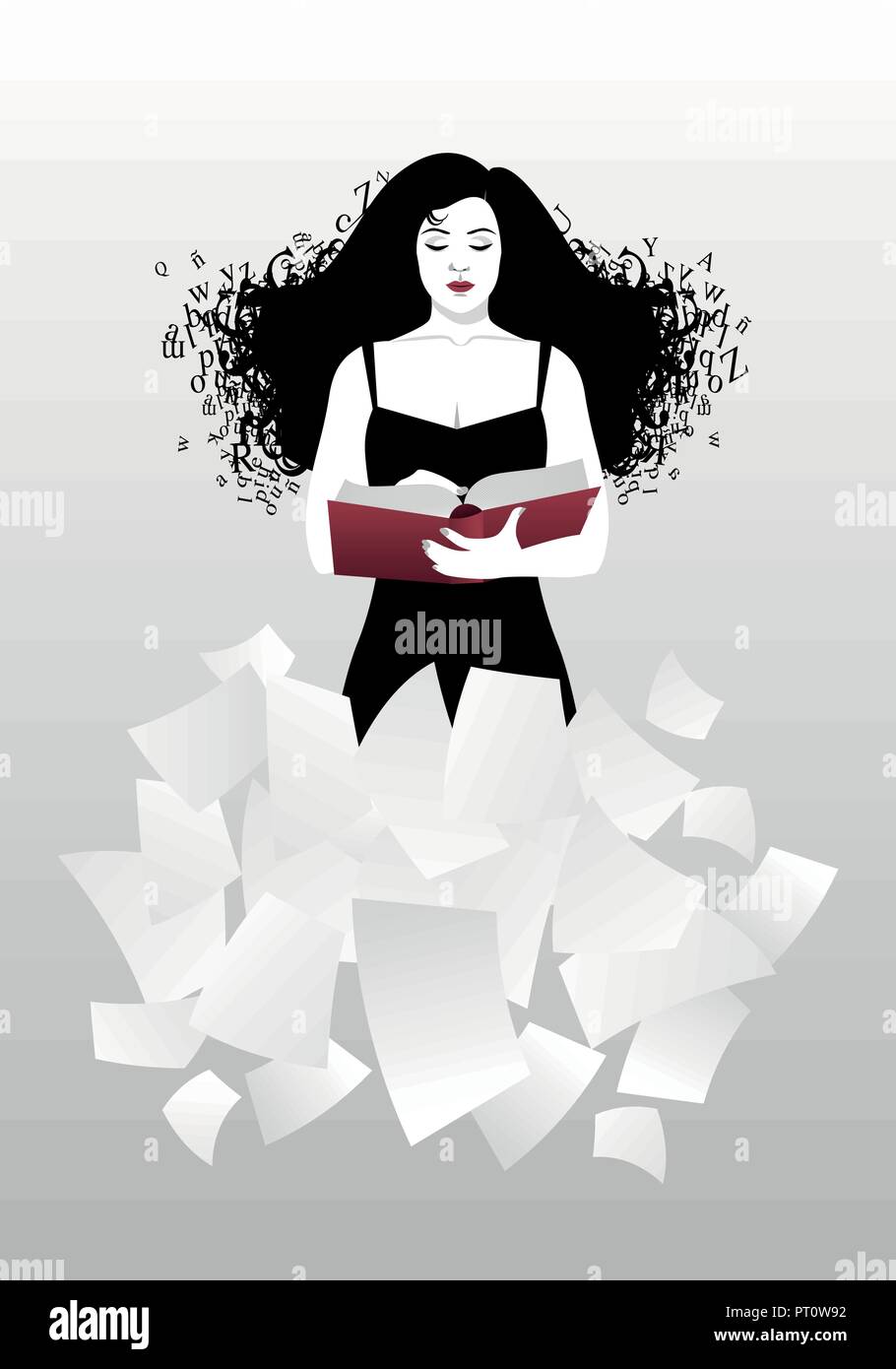 Femme lisant un livre avec les cheveux dans le vent. Cheveux de lettres, flottant sur une jupe de feuilles de papier Illustration de Vecteur