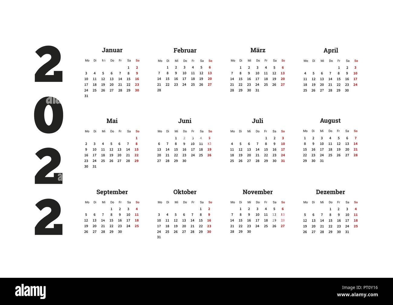 L'année 2022 calendrier simple sur la langue allemande on white Illustration de Vecteur