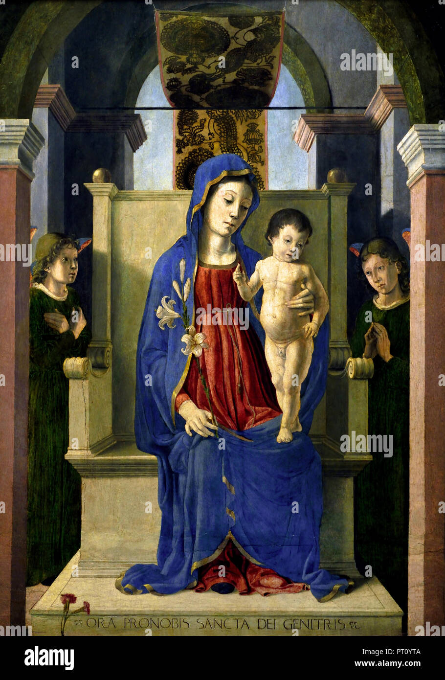 Madonna Marie avec Lily 1460-1468 Marco Zoppo Ruggiero ,1433 - 1498, peintre italien, de la Renaissance, actif principalement à Venise et Bologne, Italie. Banque D'Images