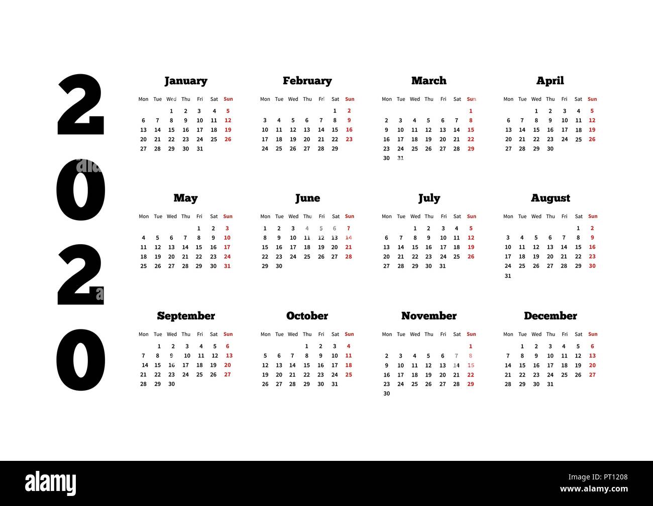 Calendrier sur l'année 2020 avec semaine à partir de lundi, feuille A4 Illustration de Vecteur