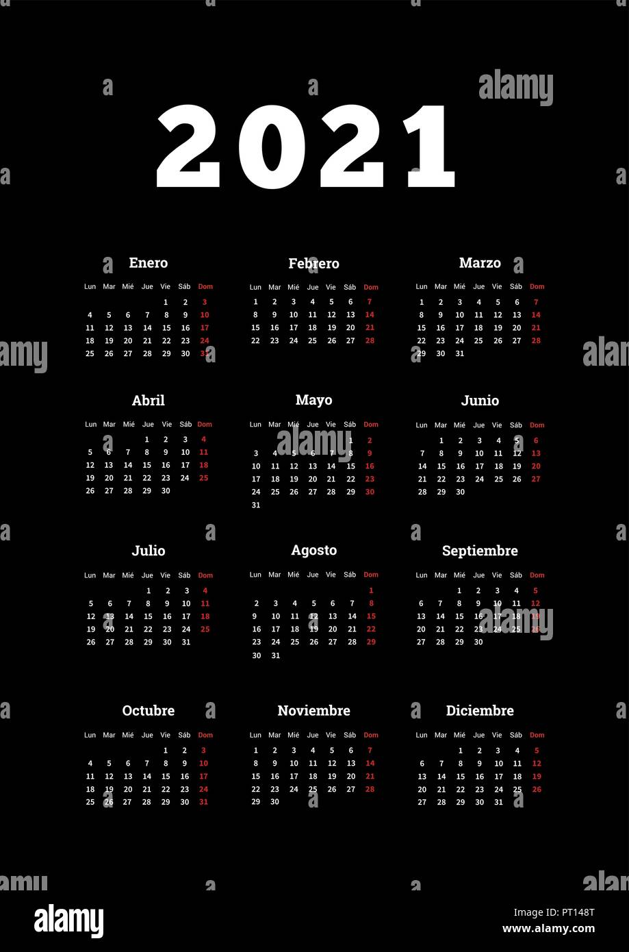 L Annee 2021 Calendrier Simple En Espagnol Format A4 Noir Sur Feuille Verticale Image Vectorielle Stock Alamy