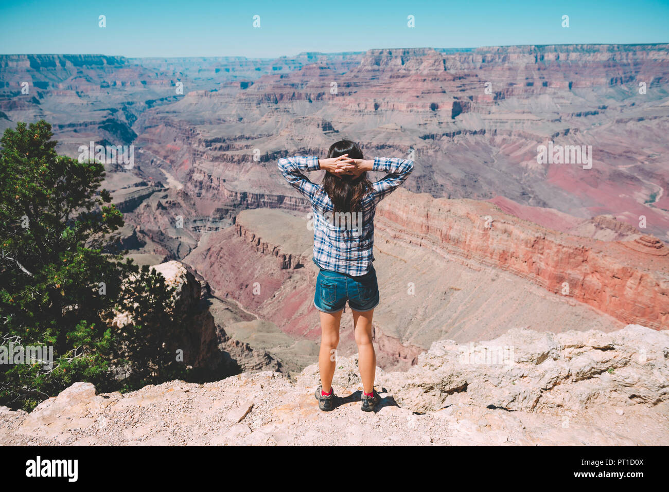 USA, Arizona, Grand Canyon National Park, Grand Canyon, vue arrière de woman looking at view Banque D'Images