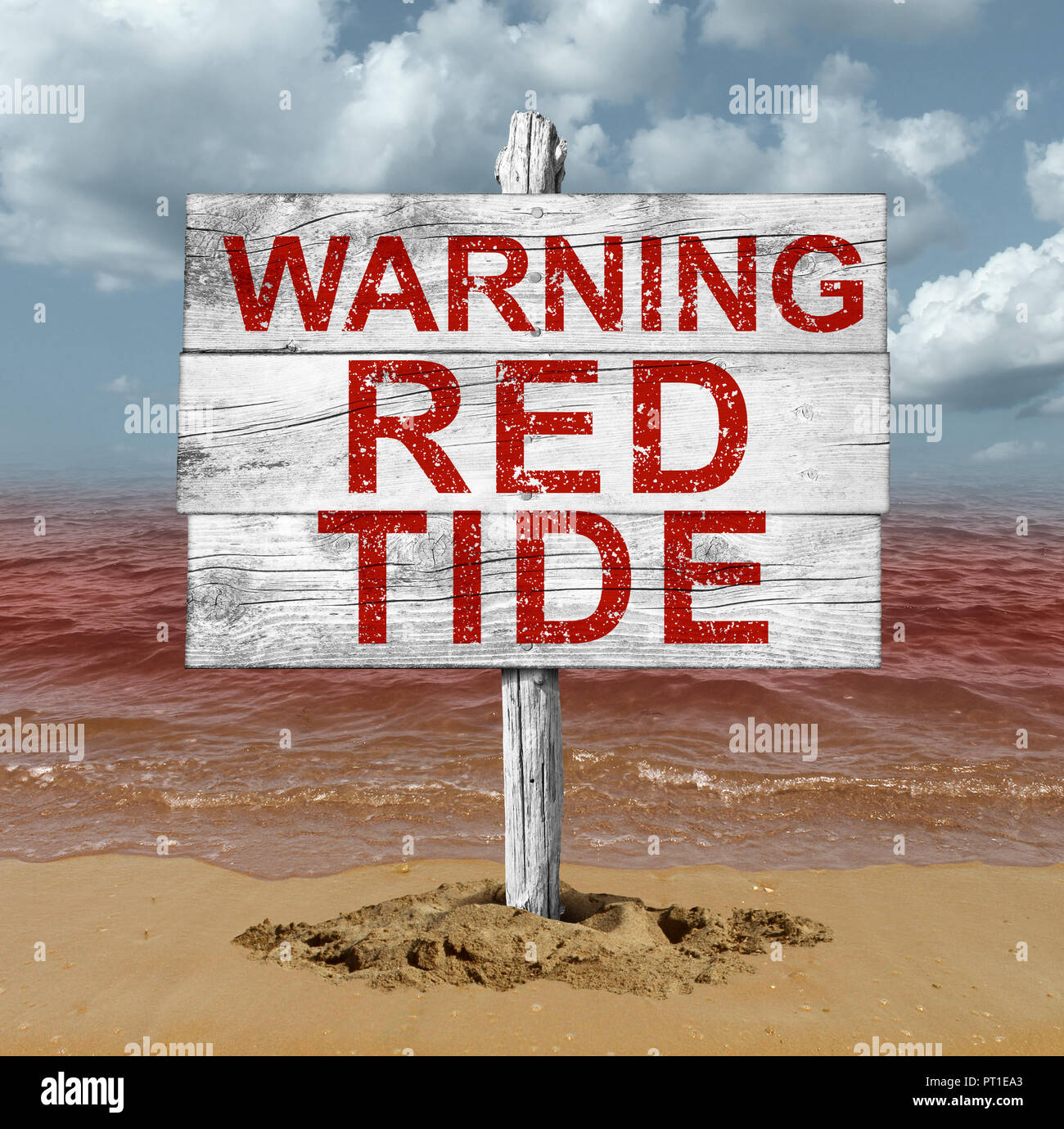 Plage de la marée rouge panneau d'avertissement comme dangereux dans l'océan des toxines naturelles ou la mer comme un concept pour les algues toxiques naturels meurtriers dans un style 3D illustration. Banque D'Images