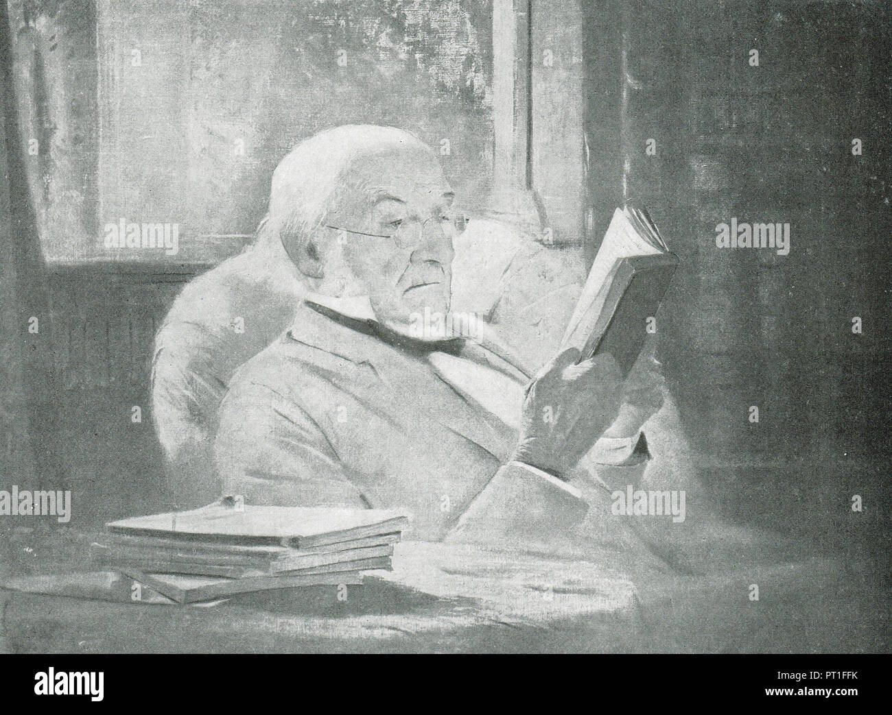 William Ewart Gladstone, premier ministre britannique 4 fois, lire un livre dans la vieillesse Banque D'Images