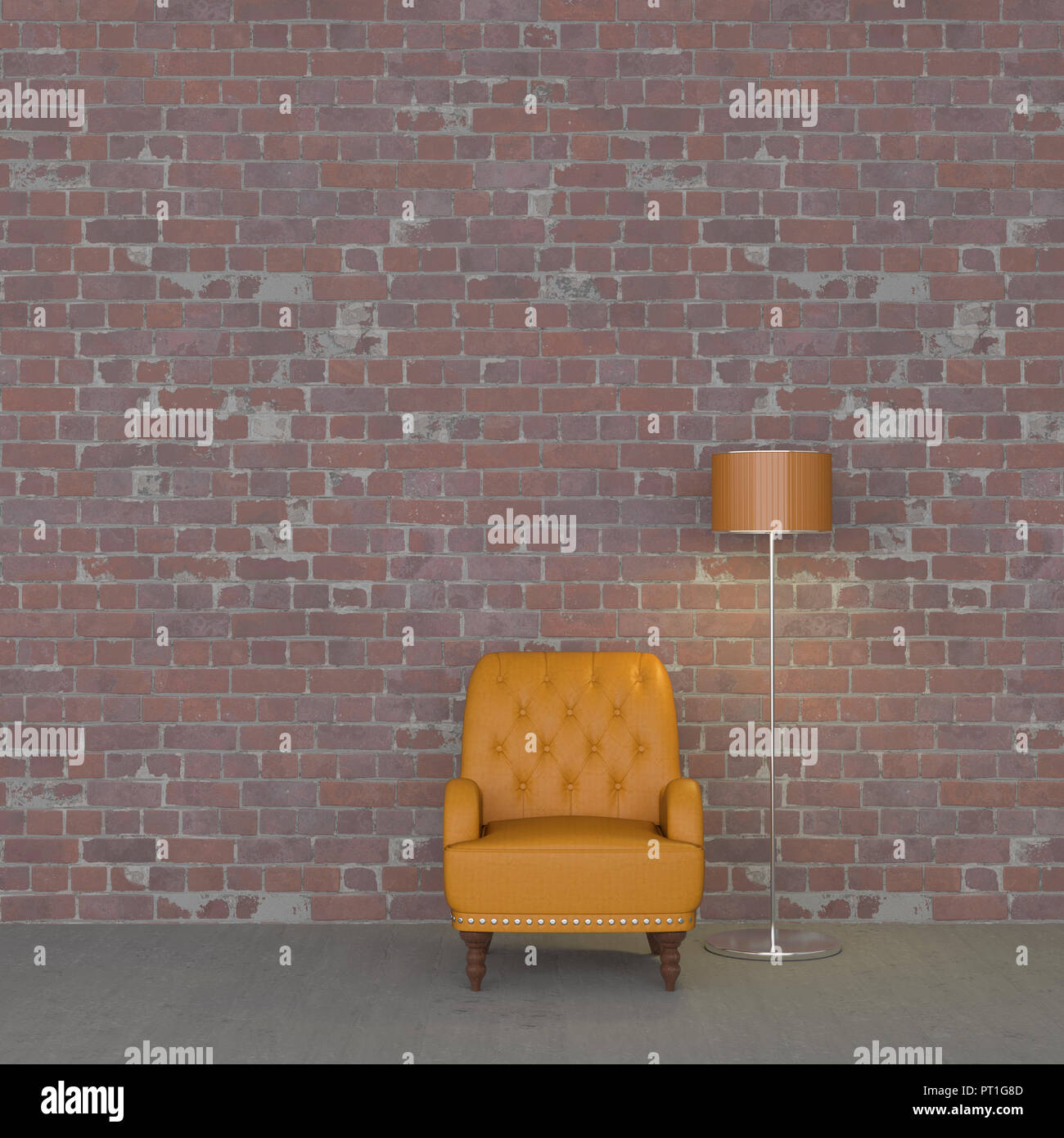 Rendu 3D, fauteuil en cuir et lampe de plancher contre brickwall Banque D'Images