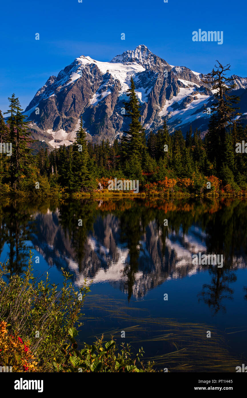 Photo Lac aux couleurs de l'automne et le Mont Shuksan en arrière-plan reflétée dans le lac de montagne l'État de Washington, USA Banque D'Images