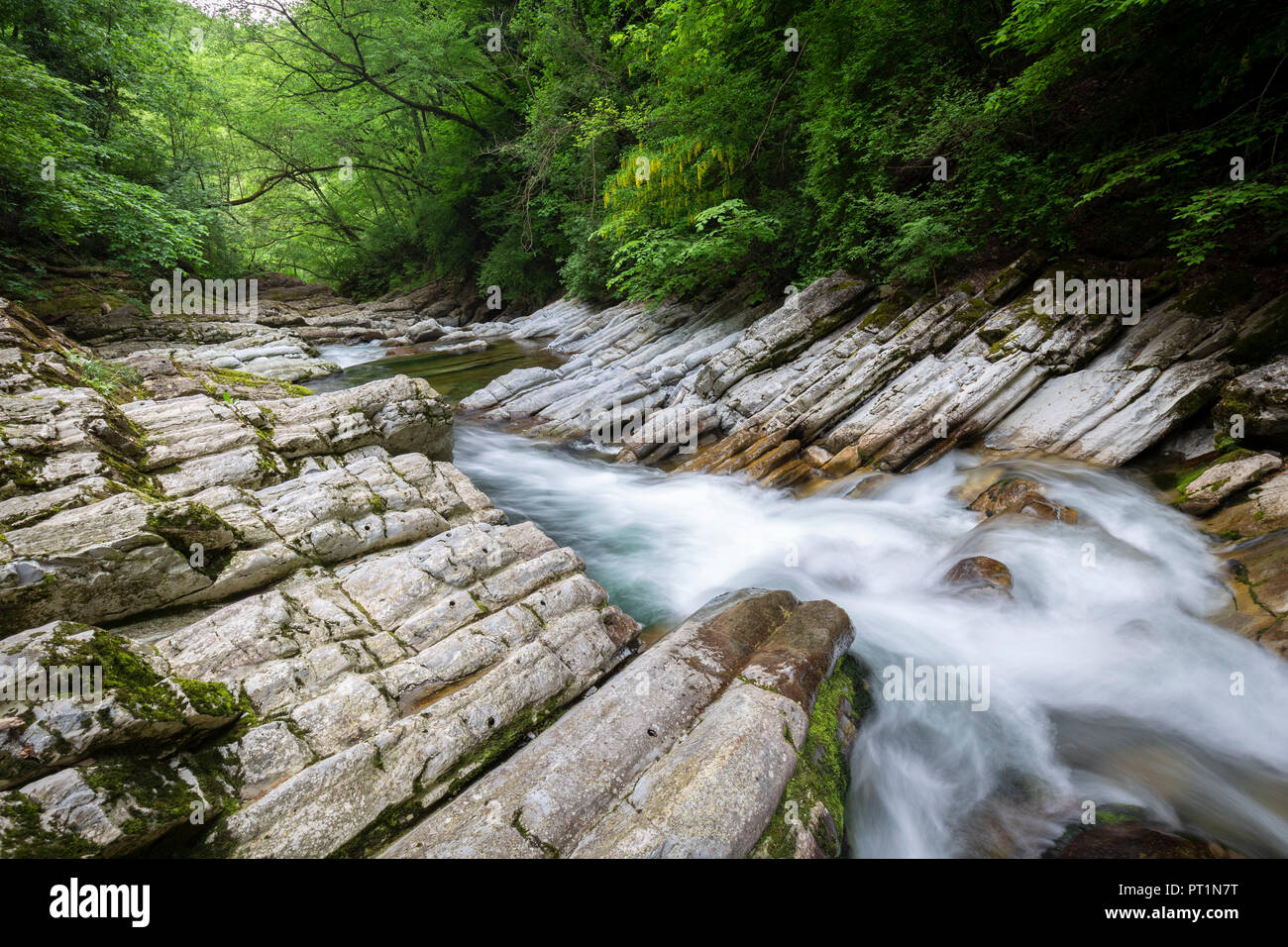 Vue sur les chutes d'eau dans les gorges de la vallée de Muggio Breggia, Mendrisio, District, Canton du Tessin, Suisse, Banque D'Images