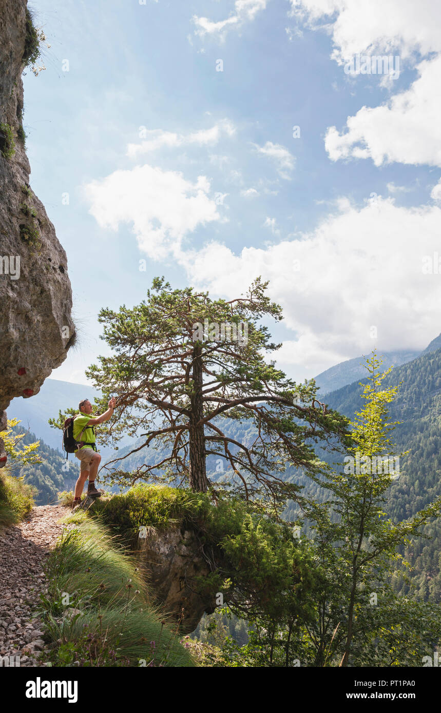 L'Italie, Trentino, Dolomites de Brenta, l'Adamello-Brenta Parco Naturale, randonneur prenant des photos de paysages de montagne avec un téléphone mobile Banque D'Images