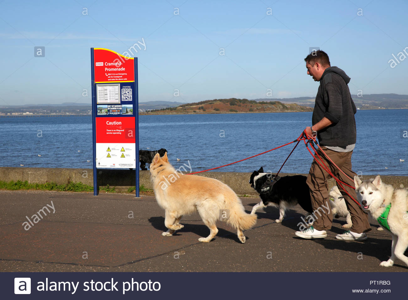 Edinburgh, Royaume-Uni, le 5 octobre 2018. Promenade de chiens et de profiter du beau temps avec un ciel bleu à Cramond, Promenade. L'île de Cramond visible. Credit : Craig Brown/Alamy Live News. Banque D'Images