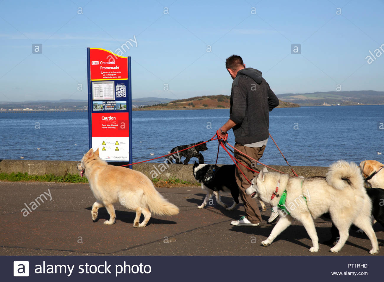Edinburgh, Royaume-Uni, le 5 octobre 2018. Promenade de chiens et de profiter du beau temps avec un ciel bleu à Cramond, Promenade. L'île de Cramond visible. Credit : Craig Brown/Alamy Live News. Banque D'Images