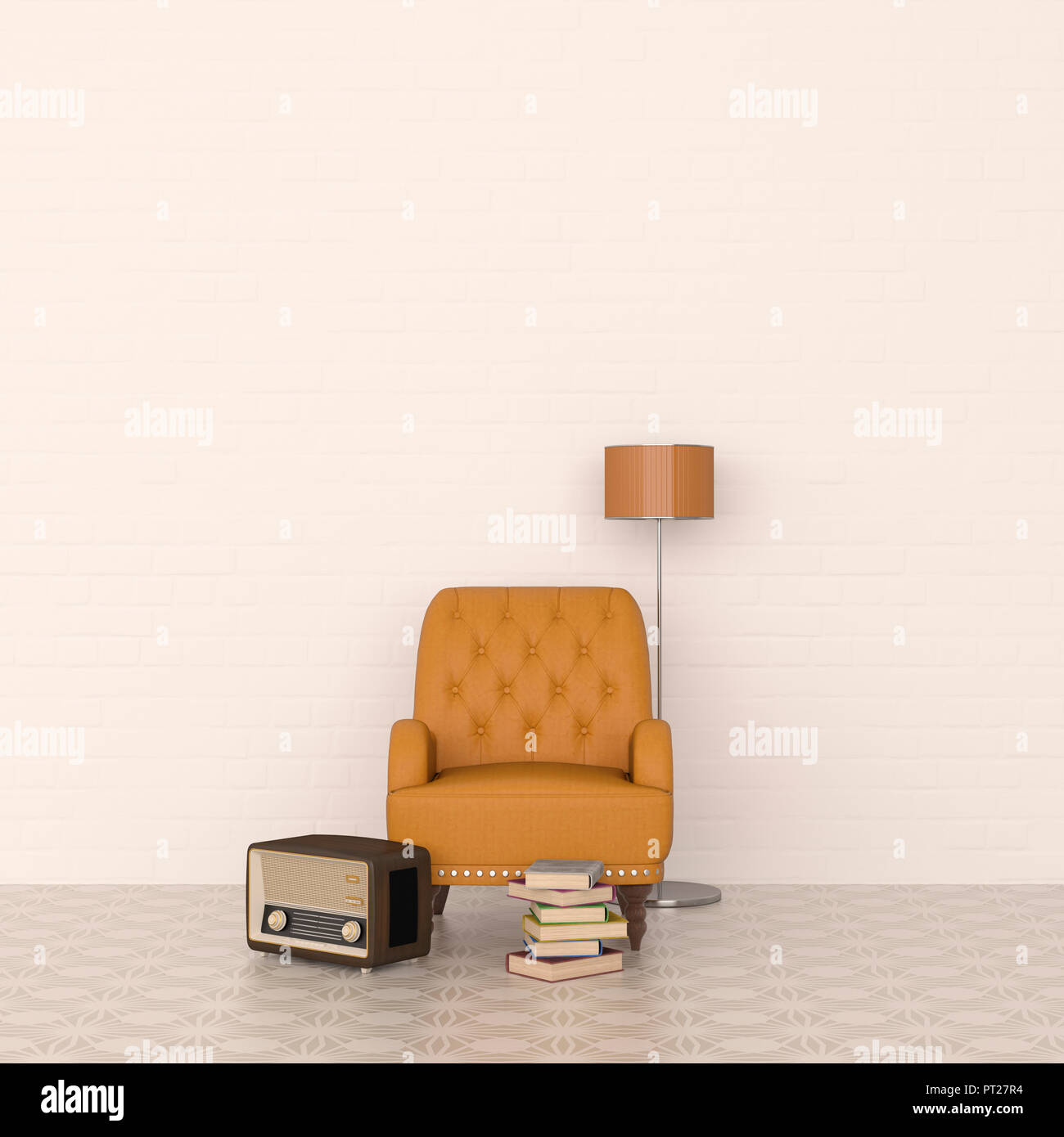 Rendu 3D, fauteuil en cuir et lampe de plancher avec radio et pile de livres Banque D'Images