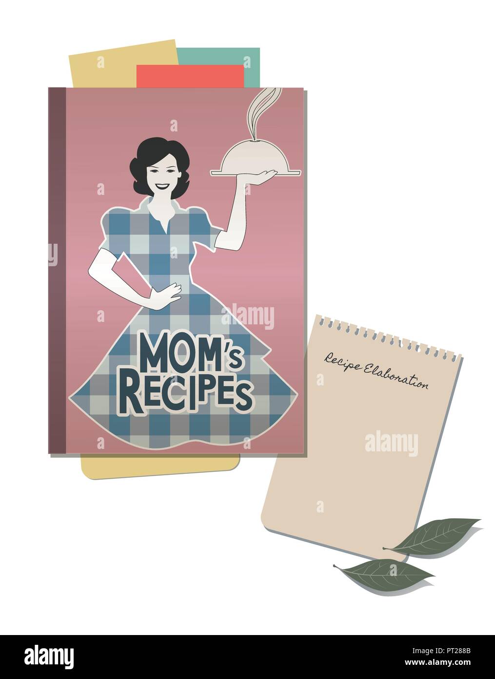 Couvrir avec retro livre de recettes de maman. Note écrite à la main et les feuilles de laurier Illustration de Vecteur