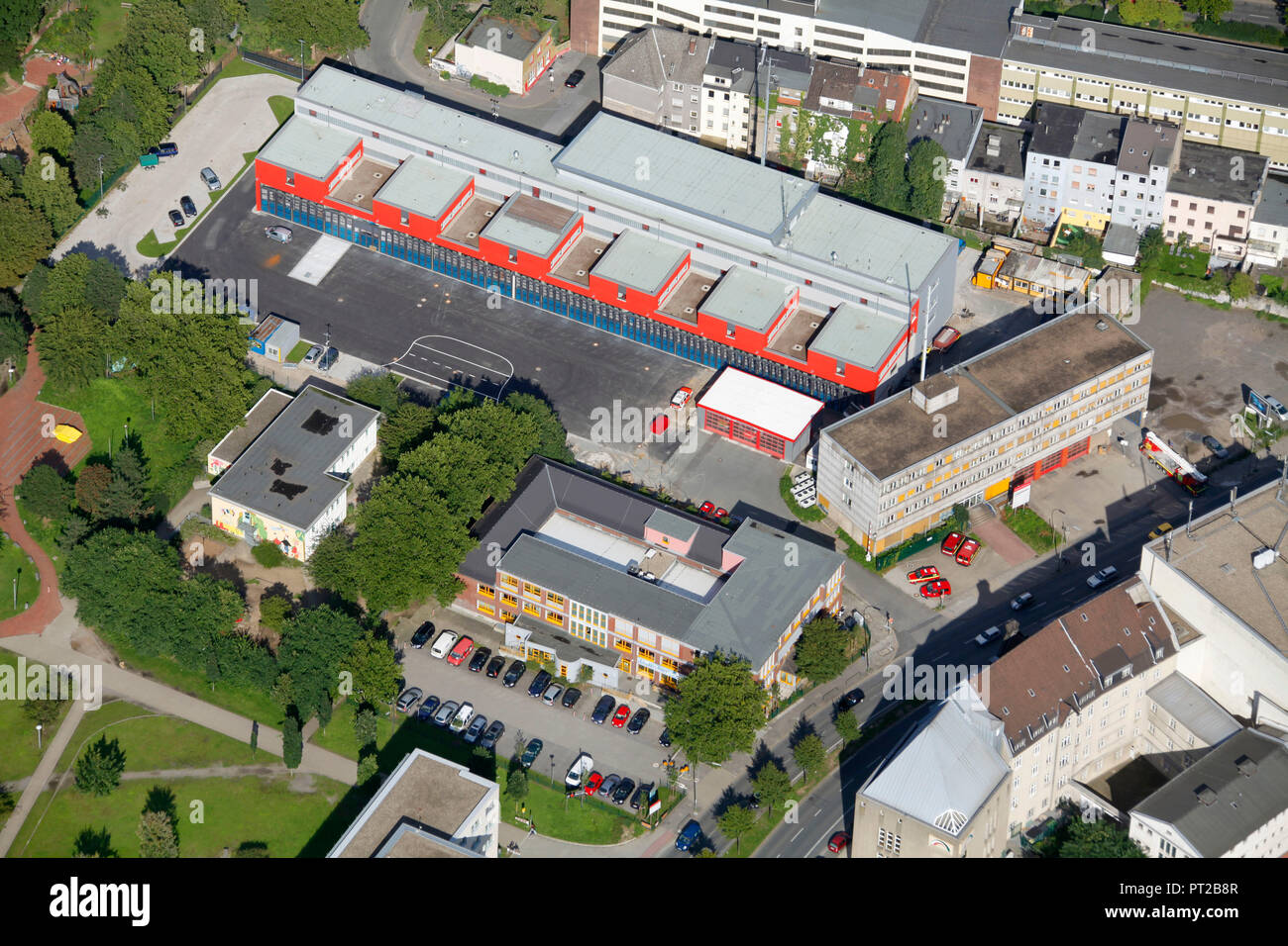 Vue aérienne, école de musique et de nouveau bâtiment fire station, Dortmund, Ruhr, Rhénanie du Nord-Westphalie, Allemagne, Europe, Banque D'Images